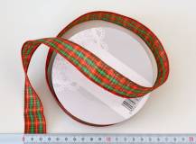 Stuha s drátky 2,5 cm - ČERVENO-ZELENÉ KOSTKY