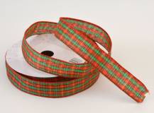 Stuha s drátky 2,5 cm - ČERVENO-ZELENÉ KOSTKY