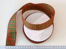 Stuha s drátky 3,8 cm - ČERVENO-ZELENÉ KOSTKY