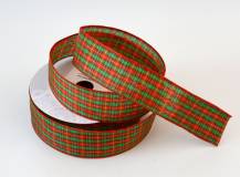 Stuha s drátky 3,8 cm - ČERVENO-ZELENÉ KOSTKY